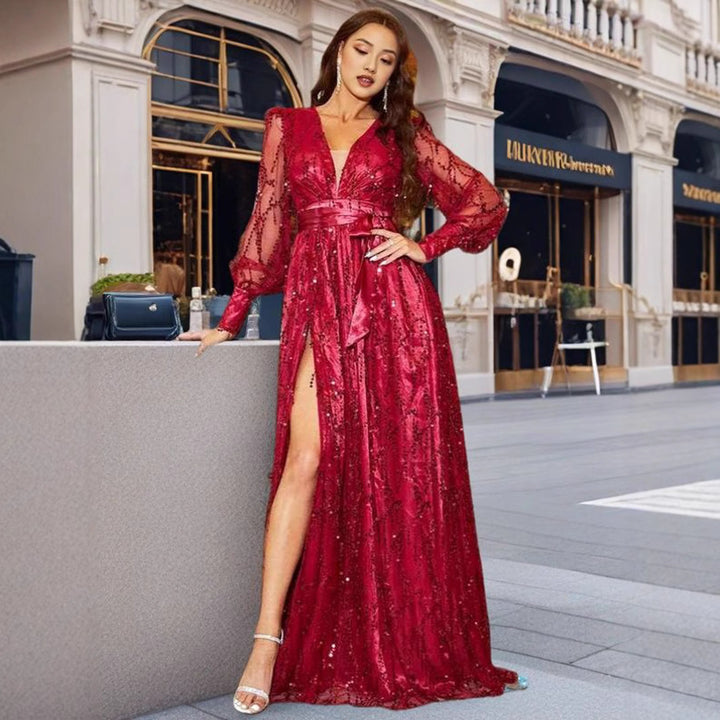 Damen Glitzerndes Abendkleid mit hochgeschlossenem V-Ausschnitt und seitlichem Schlitz Drune