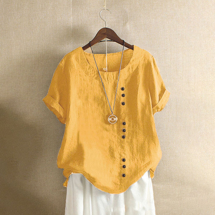 Damen lässige Leinenbluse mit umschlagbaren Ärmeln und Knopfdetails Drune