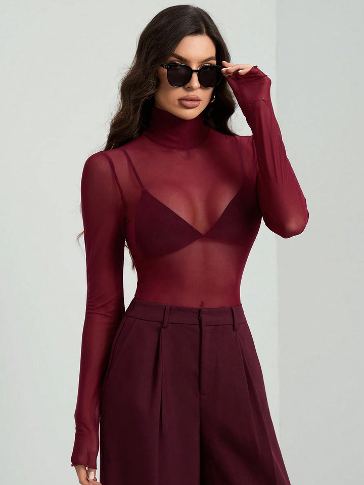 Damen Transparente Turtleneck-Bluse mit figurformendem Schnitt Drune