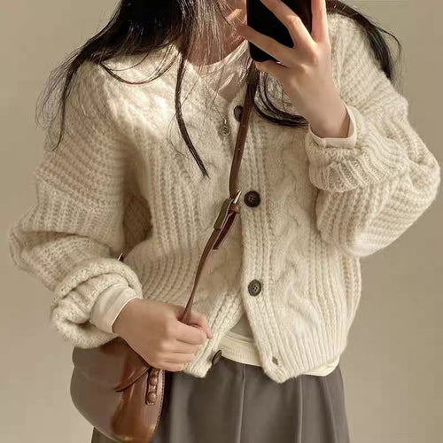 Damen kuschelige Strickjacke mit Zopfmuster und elastischen Ärmeln Drune