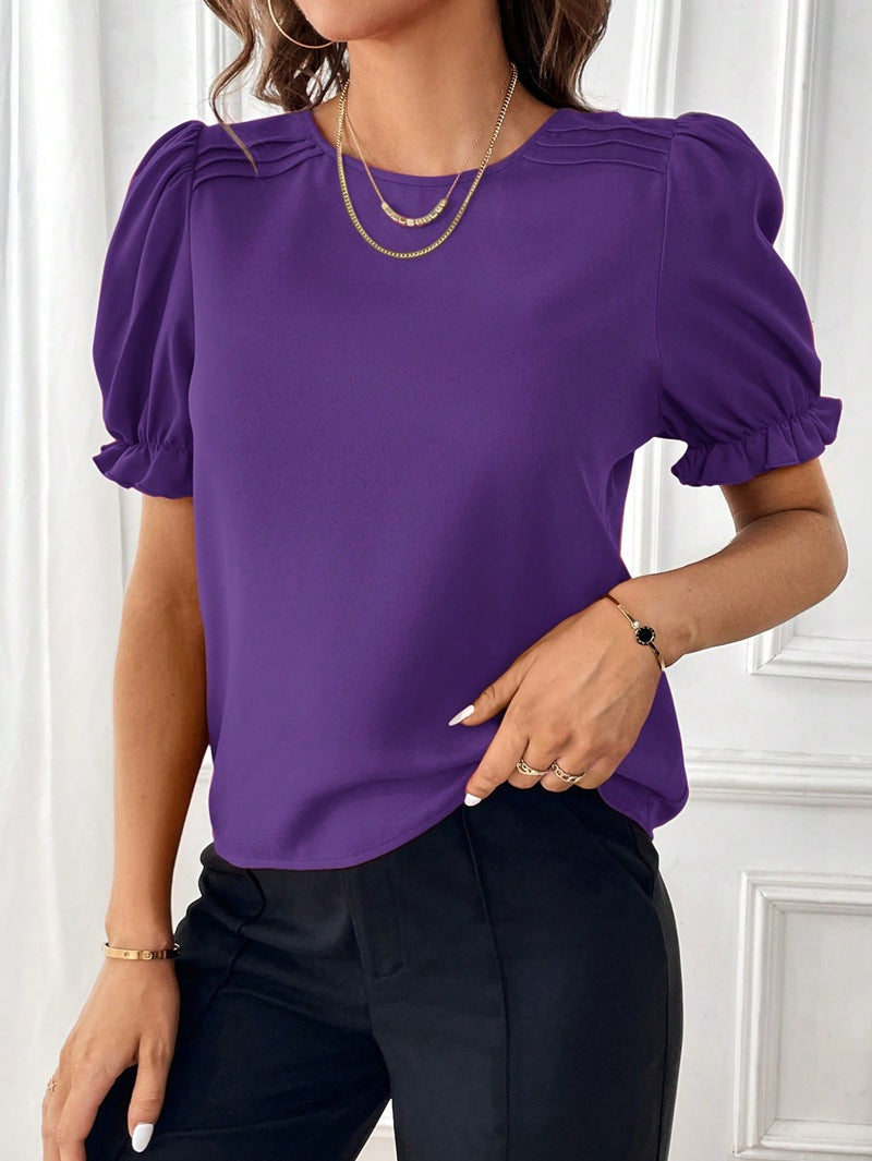 Drune Pure-Color-Rundhals-Shirt-Top mit Temperament