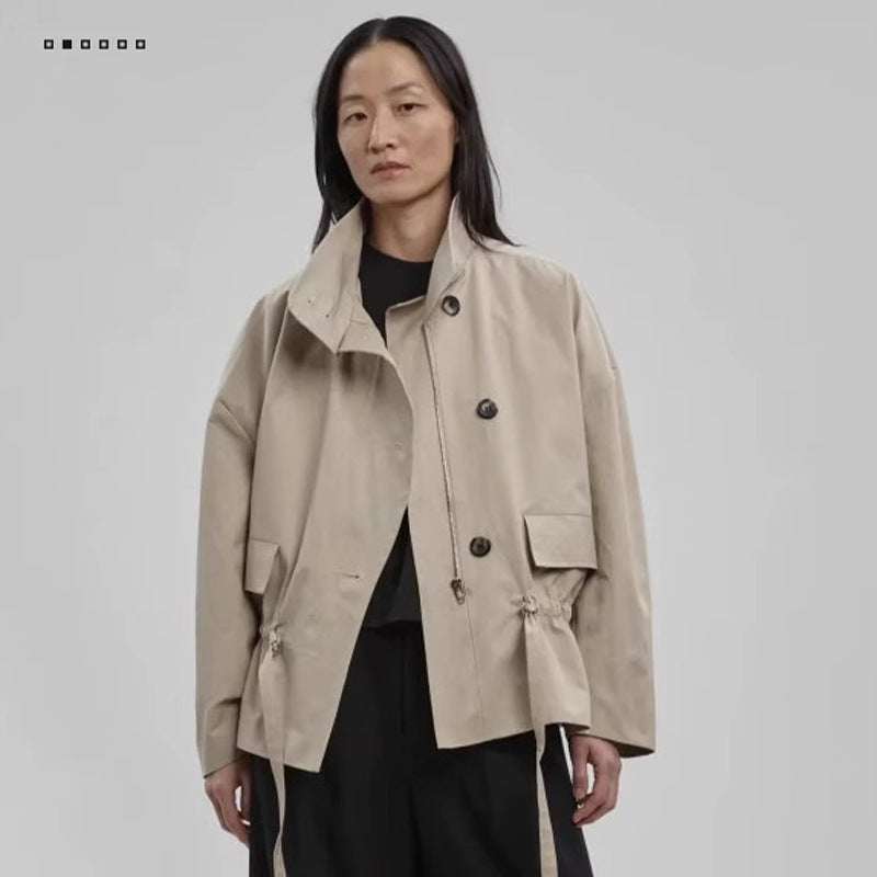 Damen Modische Übergangsjacke mit Gürtel und Stehkragen Drune