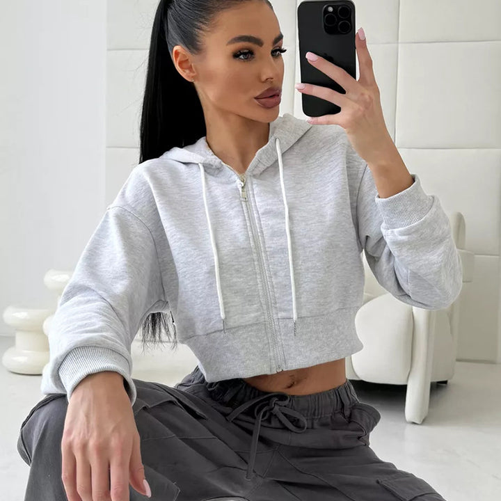 Damen cropped Kapuzenpullover mit modernem Reißverschluss und lässigem Schnitt Drune