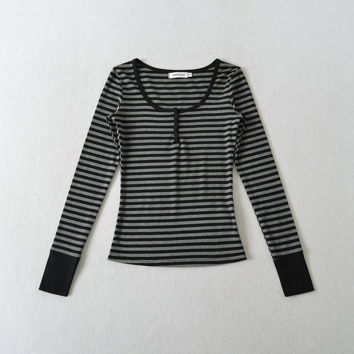 Damen Langarmshirt mit modischem Streifenmuster und Knopfdetails Drune