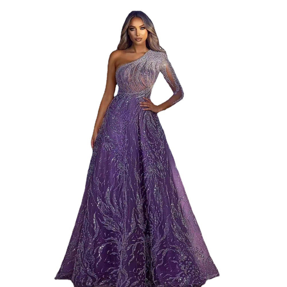 Damen Abendkleid mit einseitigem Schulterdesign und funkelnden Pailletten Drune