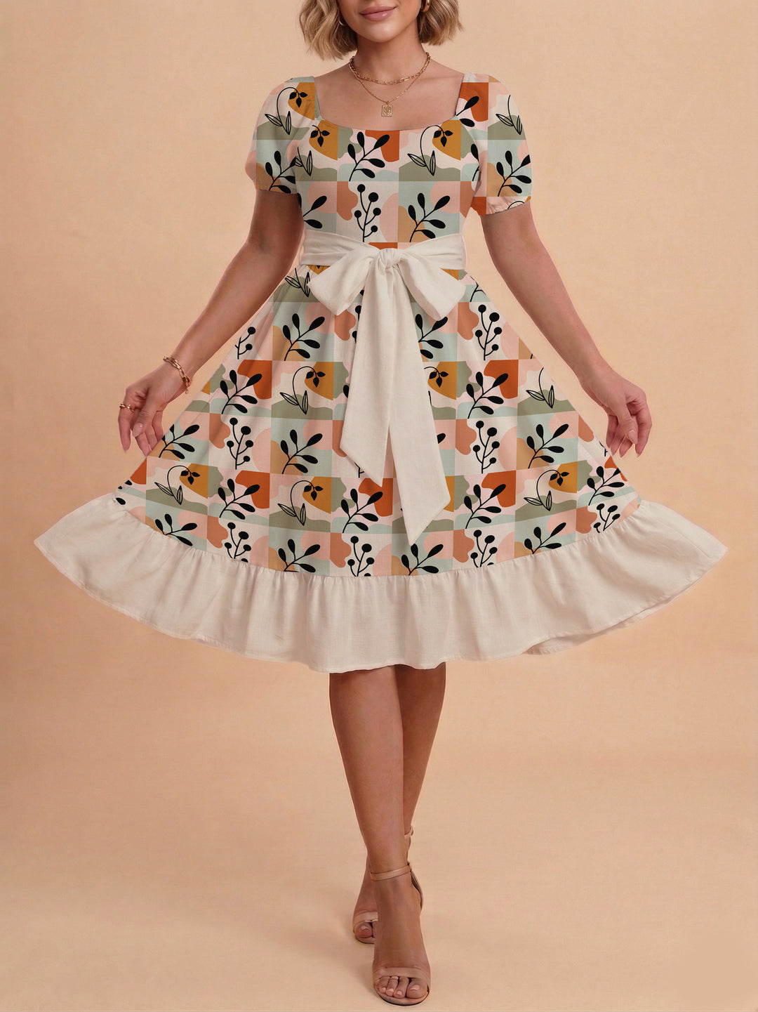 Damen Sommerkleid mit floralem Puffärmel und taillierbarem Gürtel Drune