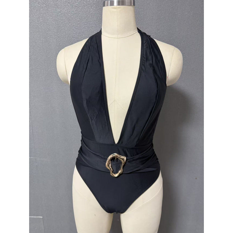 Damen Einteiler Badeanzug mit tiefem V-Ausschnitt und eleganter Gürtel-Applikation Drune