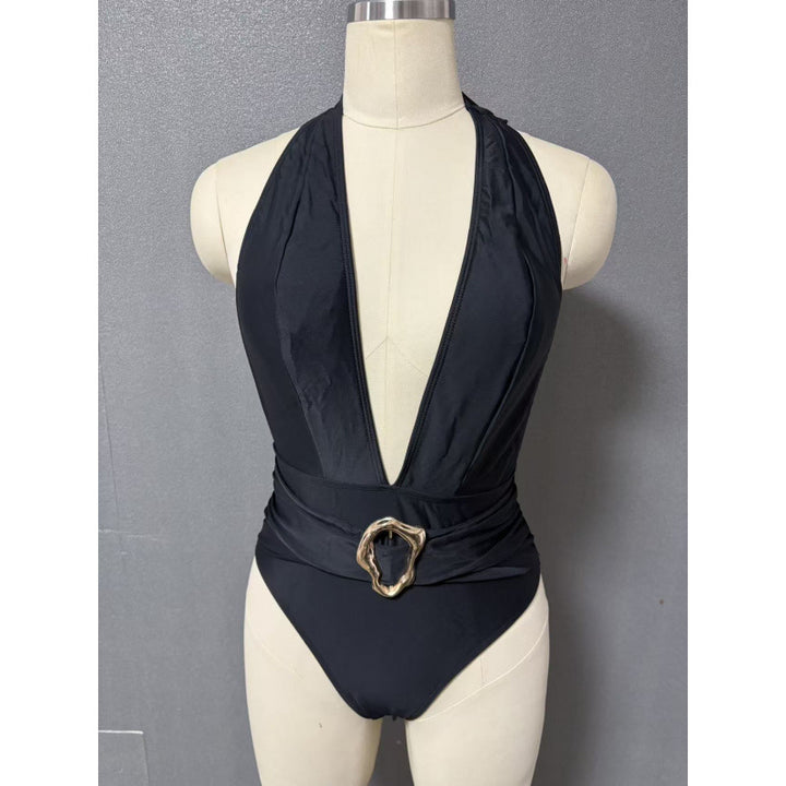 Damen Einteiler Badeanzug mit tiefem V-Ausschnitt und eleganter Gürtel-Applikation Drune