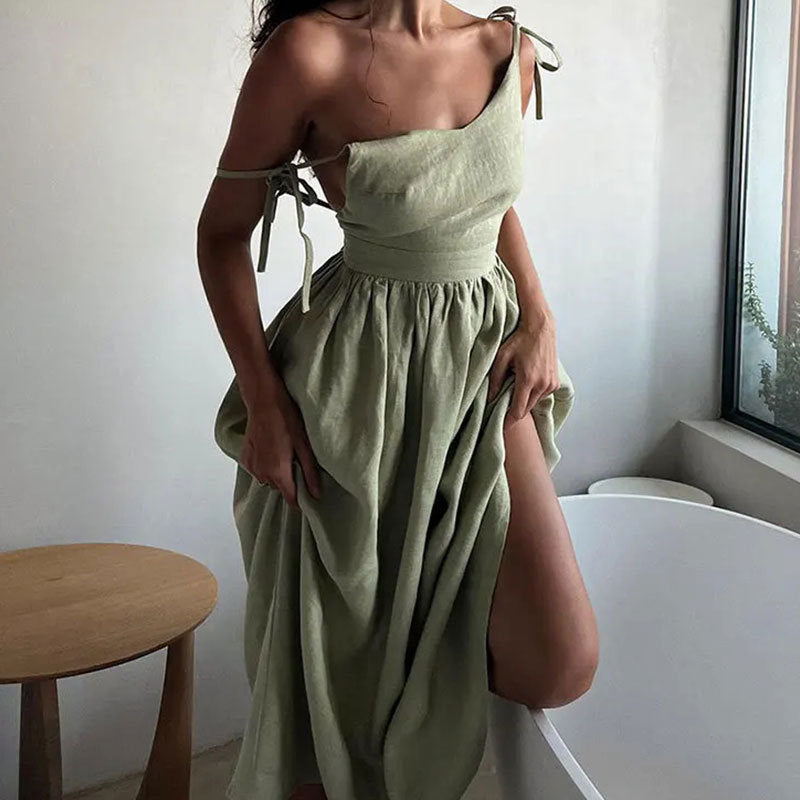 Damen Langes Leinenkleid mit tiefem V-Ausschnitt und taillierter Taille Drune