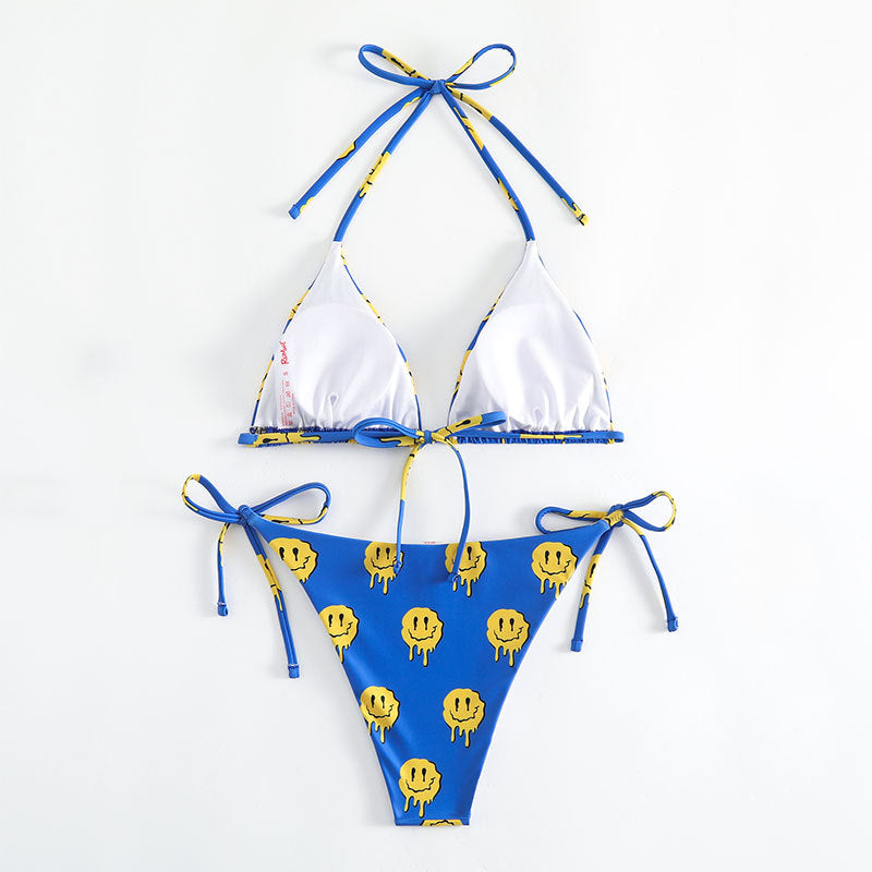 Damen Triangel-Bikini mit fröhlichem Smiley-Muster und verstellbaren Bindebändern Drune
