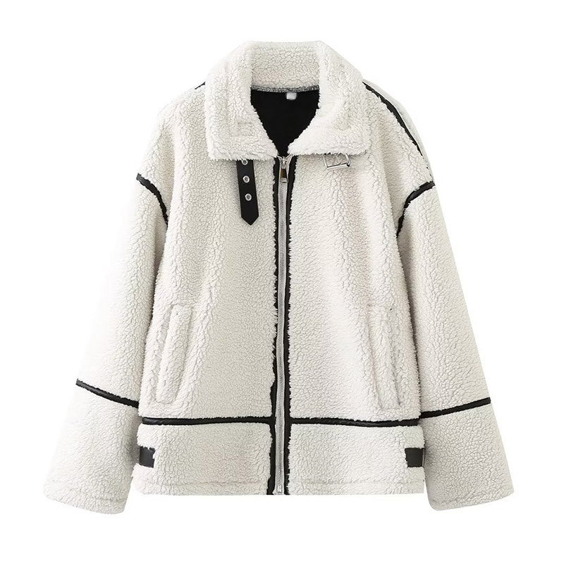 Damen gemütliche Teddy-Fleecejacke mit schickem Kragen Drune