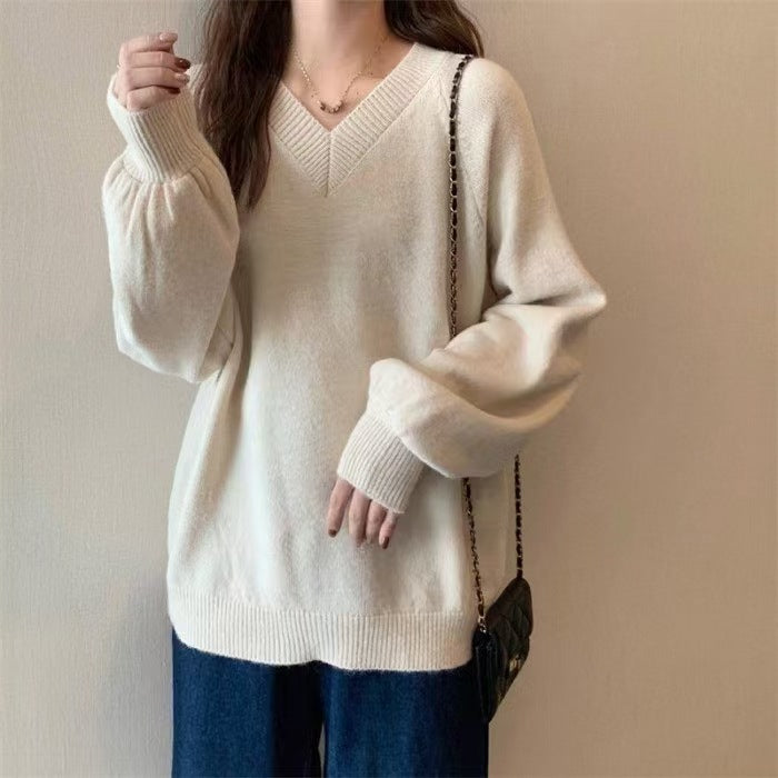 Damen Eleganter V-Ausschnitt Pullover mit feiner Stricktextur Drune