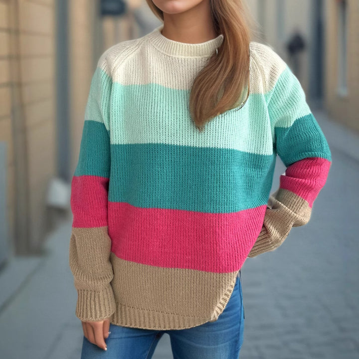 Damen gestreifter Strickpullover mit lässigem Schnitt und buntem Design Drune
