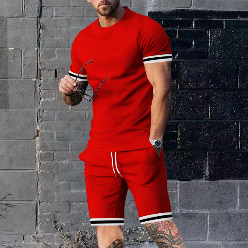 Herren nan athletisches Freizeit-Set aus Baumwoll-Feinjersey mit Kontrastbündchen und Kordelbund-Kurzhose Drune