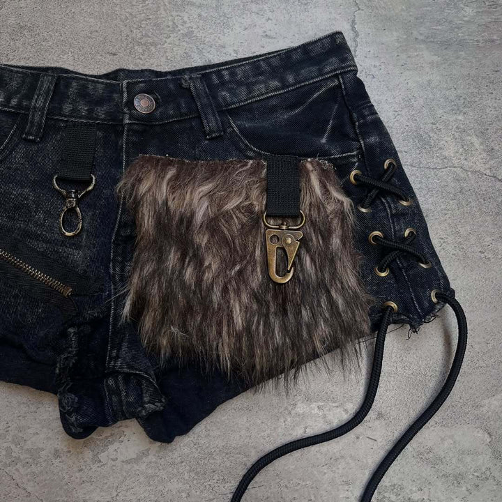 Damen Modische Denim-Shorts mit einzigartigen Lacing-Details und Kunstfell-Applikation Drune