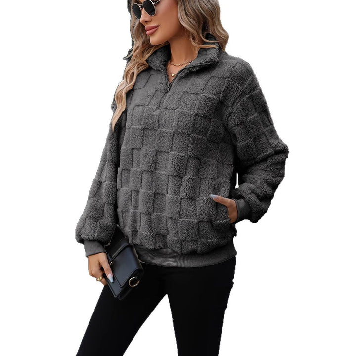 Damen Plüschpullover mit Viertelzip und quer gestreiftem Design Drune