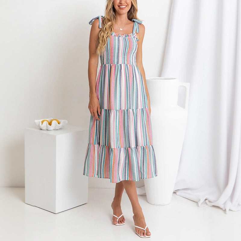 Damen lässiges Sommerkleid mit Rüschendetails und buntem Streifenmuster Drune