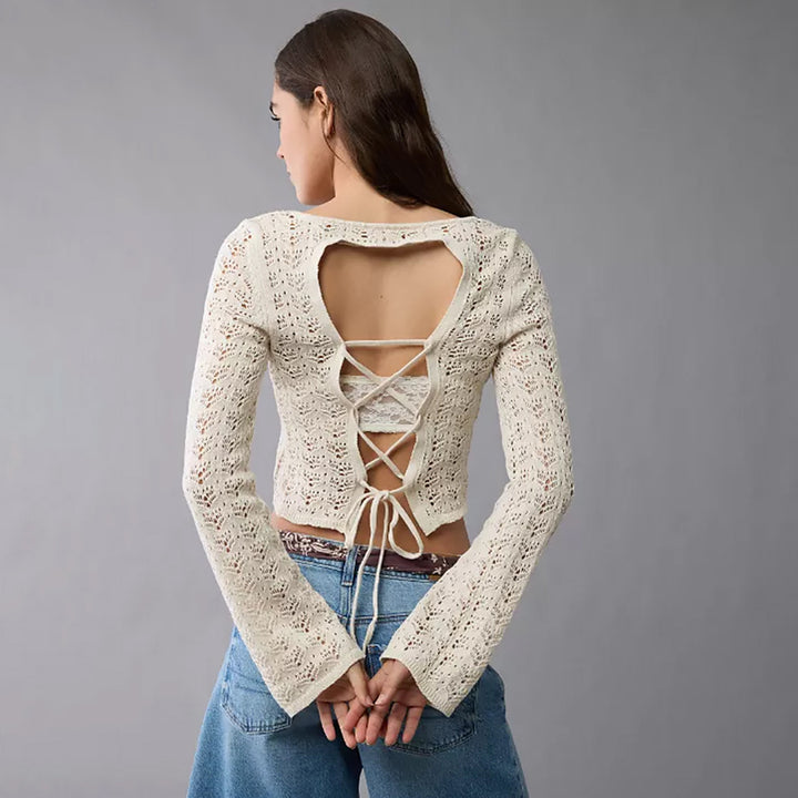 Damen Elegantes Strickoberteil mit feinem Lochmuster Drune