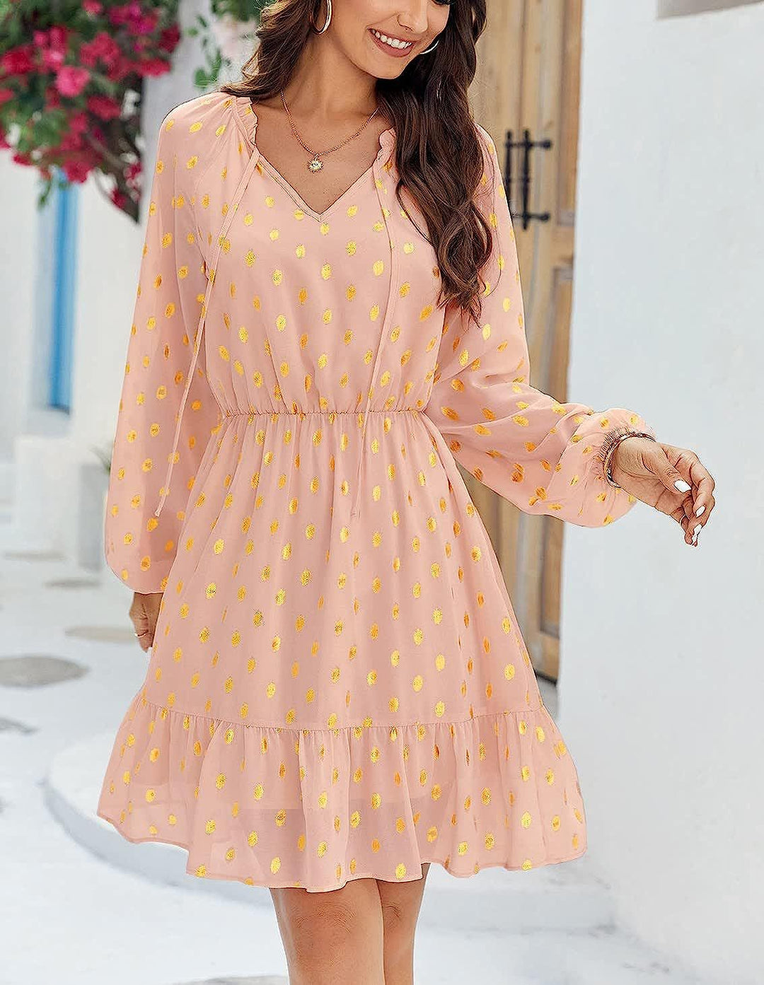 Damen lässiges Freizeitleinenkleid mit Rüschendetails Drune