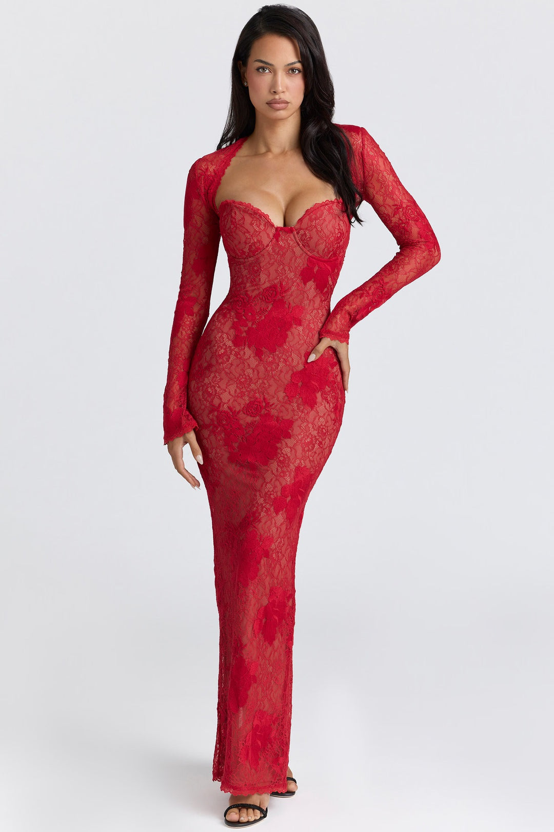 Damen Elegantes Spitzenabendkleid mit langem Arm und verführerischem Schnitt Drune