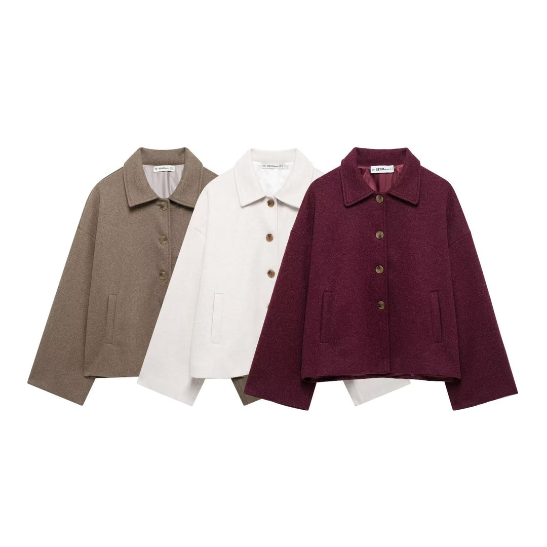 Damen schicke Blousonjacke aus weichem Stoff mit Knopfverschluss und Taschen Drune