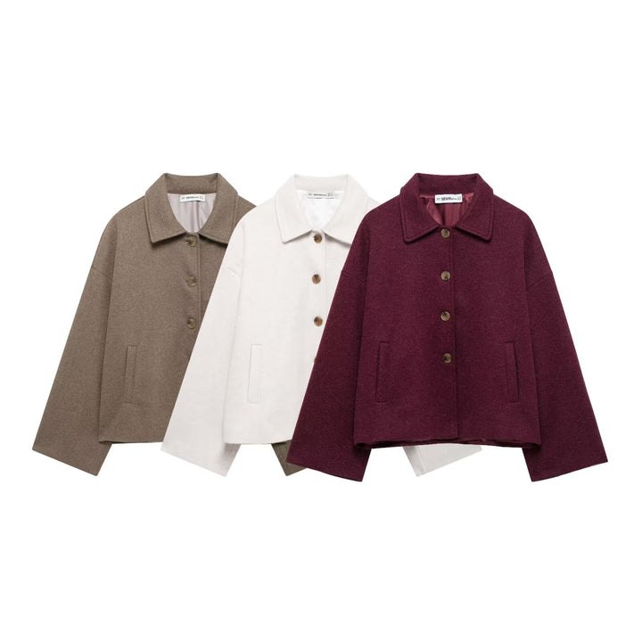 Damen schicke Blousonjacke aus weichem Stoff mit Knopfverschluss und Taschen Drune
