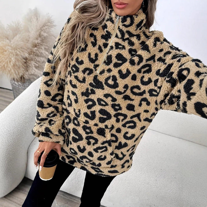 Damen Fleece-Pullover mit stylischem Leopardenmuster Drune