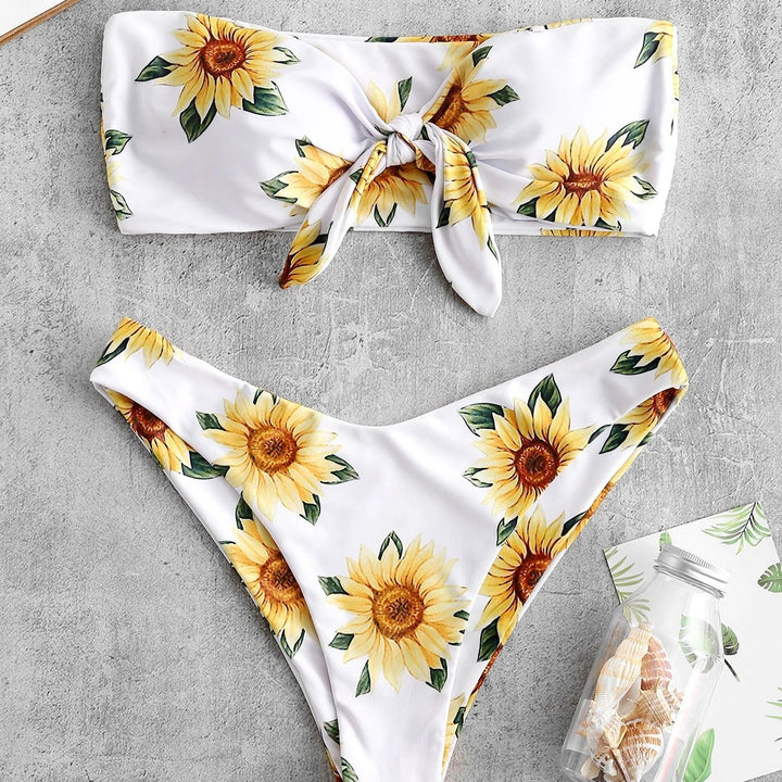 Damen Bandeau-Bikini mit floralem Design und praktischen Knoten Drune