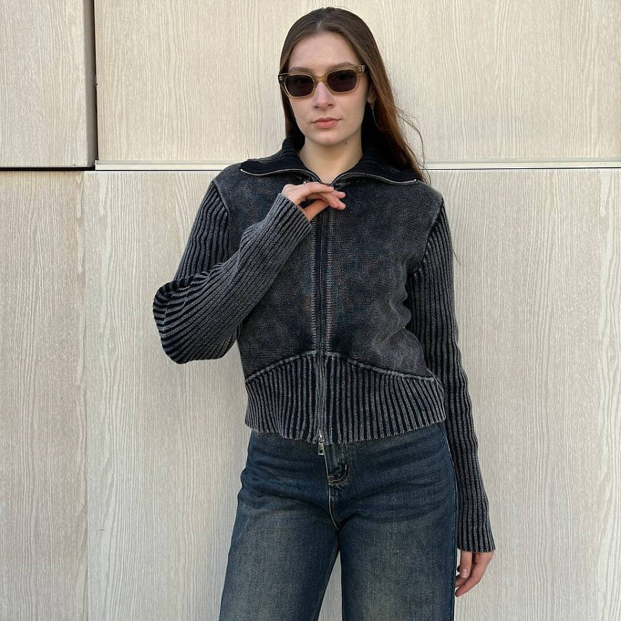 Damen kurzärmlige Strickjacke mit Reißverschluss und Rippstruktur Drune
