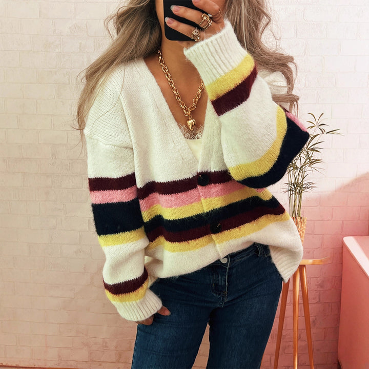 Damen kuschelige Strickjacke mit eleganten Streifen Drune