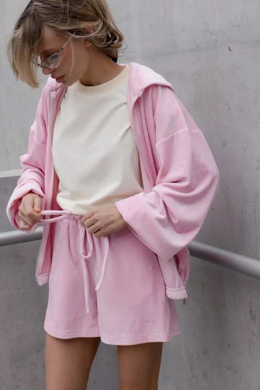 Damen nan lässiges Velours Lounge-Set mit kurz geschnittener Kapuzenjacke und hochgeschnittenen Shorts Drune