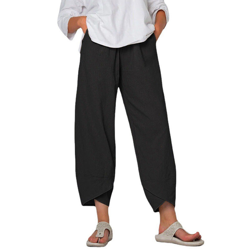 Damen nan lockere Leinenhose mit hohem Bund, Tulpen-Saum und seitlichen Eingrifftaschen Drune