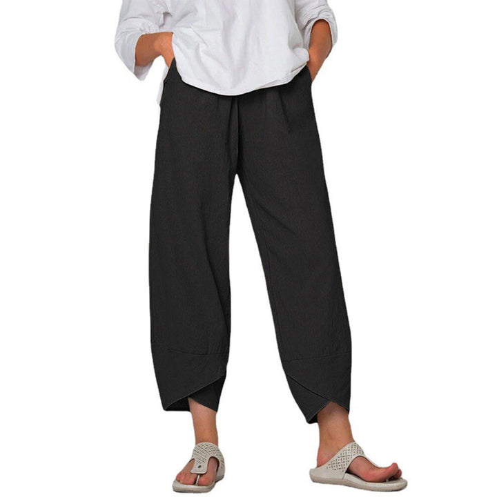 Damen nan lockere Leinenhose mit hohem Bund, Tulpen-Saum und seitlichen Eingrifftaschen Drune