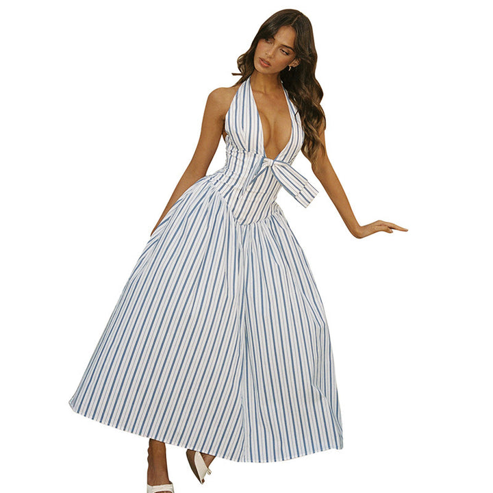 Damen Maxi-Kleid mit lässigem Halterneck und verspieltem Bogen Drune