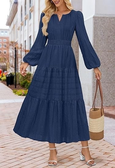 Damen Maxikleid mit voluminösen Ärmeln und schwingendem Saum Drune