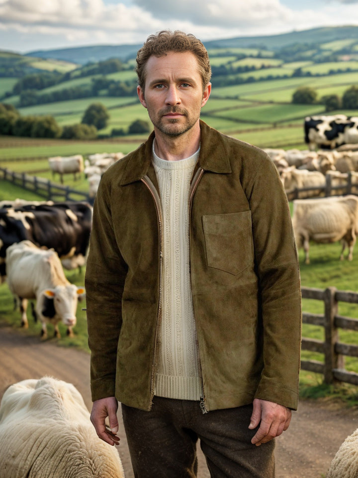 Herren modische Wildlederjacke mit hohem Stehkragen Drune