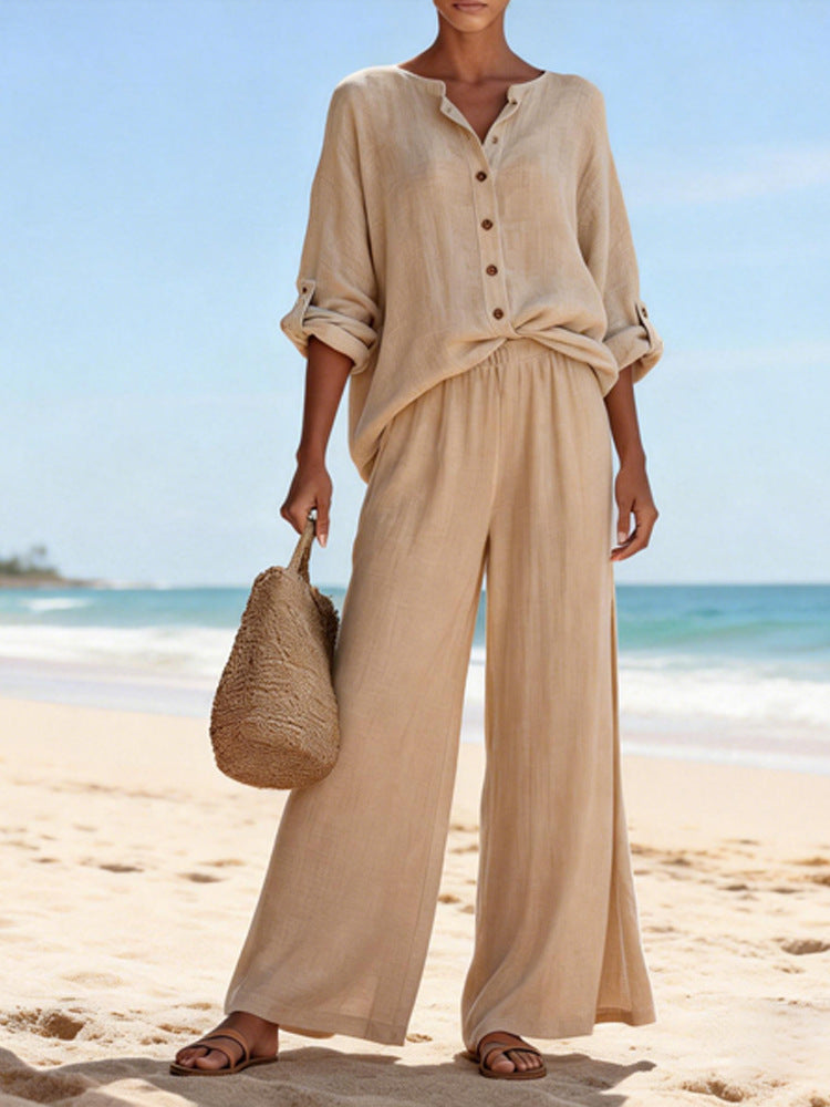 Damen Luftige Leinenbluse und weite Hose Drune