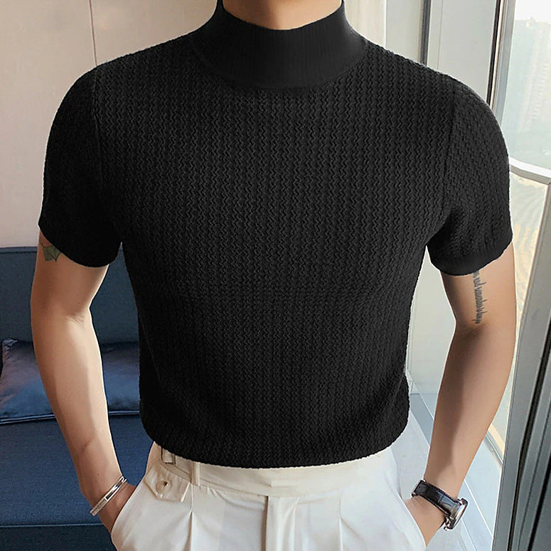 Herren nan kurzärmliges Stehkragen-Feinstrickshirt mit feiner Rippstruktur Drune