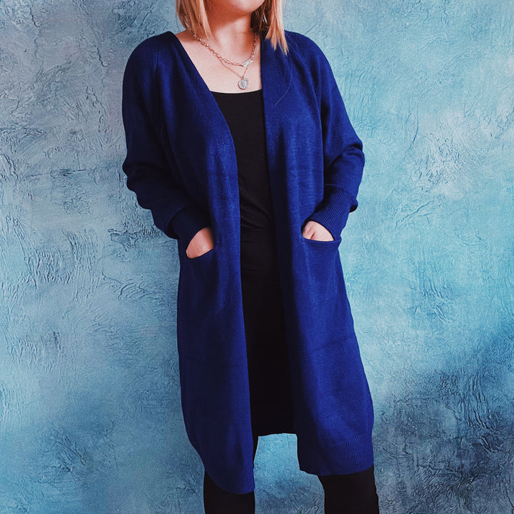 Damen lässige Strickjacke mit tiefem Schnitt und praktischen Taschen Drune