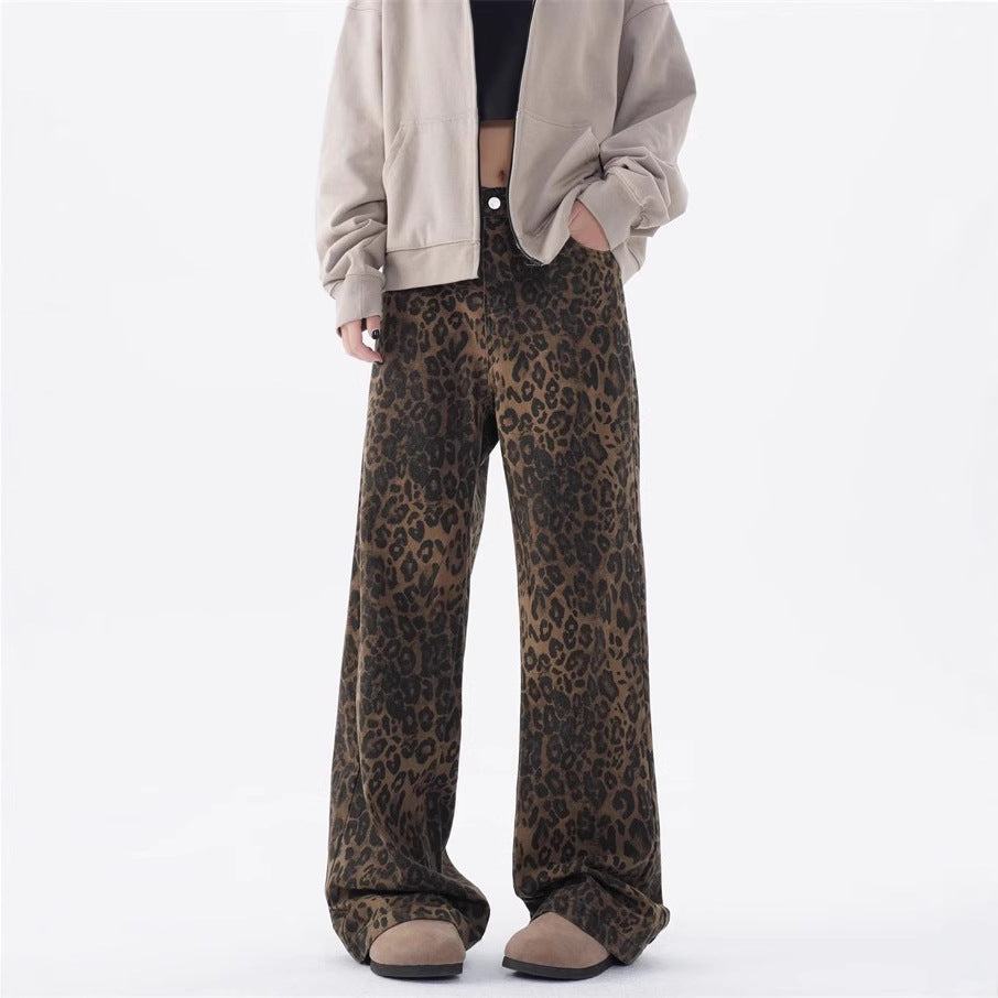 Damen Weite Leoparden-Jeans mit lässigem Schnitt und hoch tailliertem Design Drune