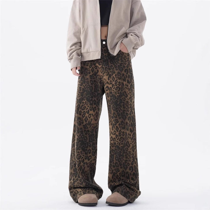 Damen Weite Leoparden-Jeans mit lässigem Schnitt und hoch tailliertem Design Drune