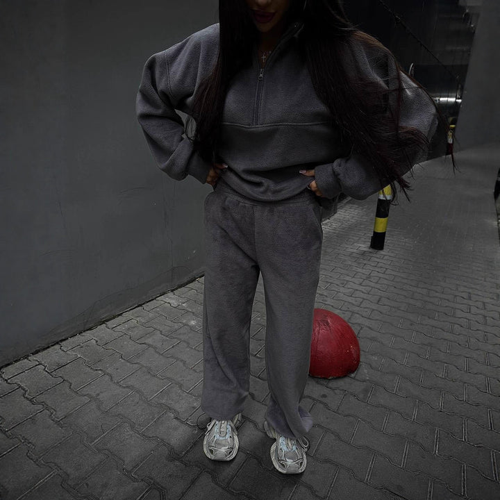 Damen Sportliches Fleece-Jogginganzug mit Stehkragen und Reißverschluss Drune
