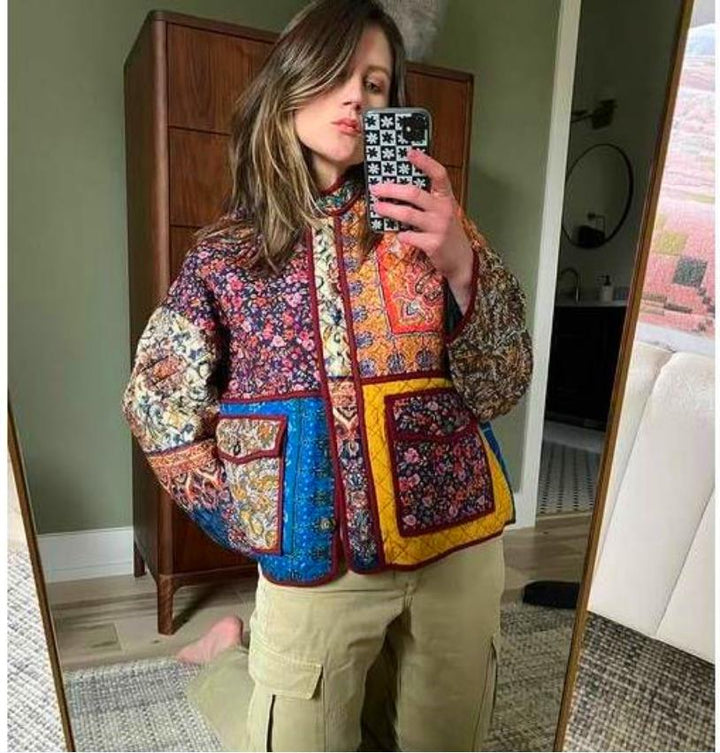 Damen Quilted Jacke mit buntem Patchwork-Design und praktischen Taschen Drune