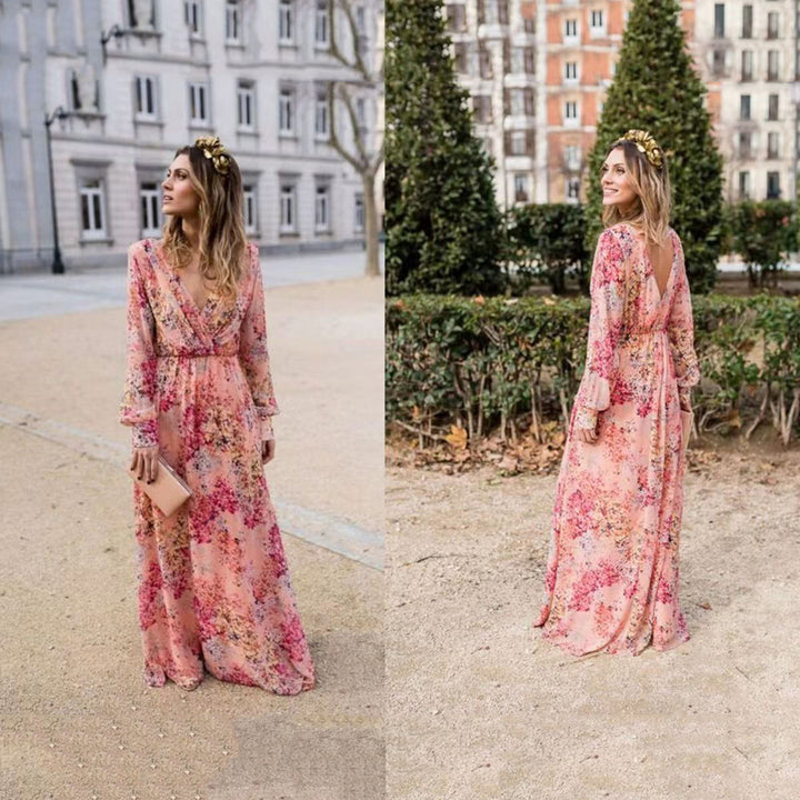 Damen Maxikleid mit floraler Chiffonoberfläche und eleganter Taillenbetonung Drune