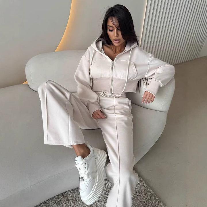 Damen Sportliches Zweiteiliges Set mit cropped Hoodie und weiten Jogginghosen aus elastischem Material Drune