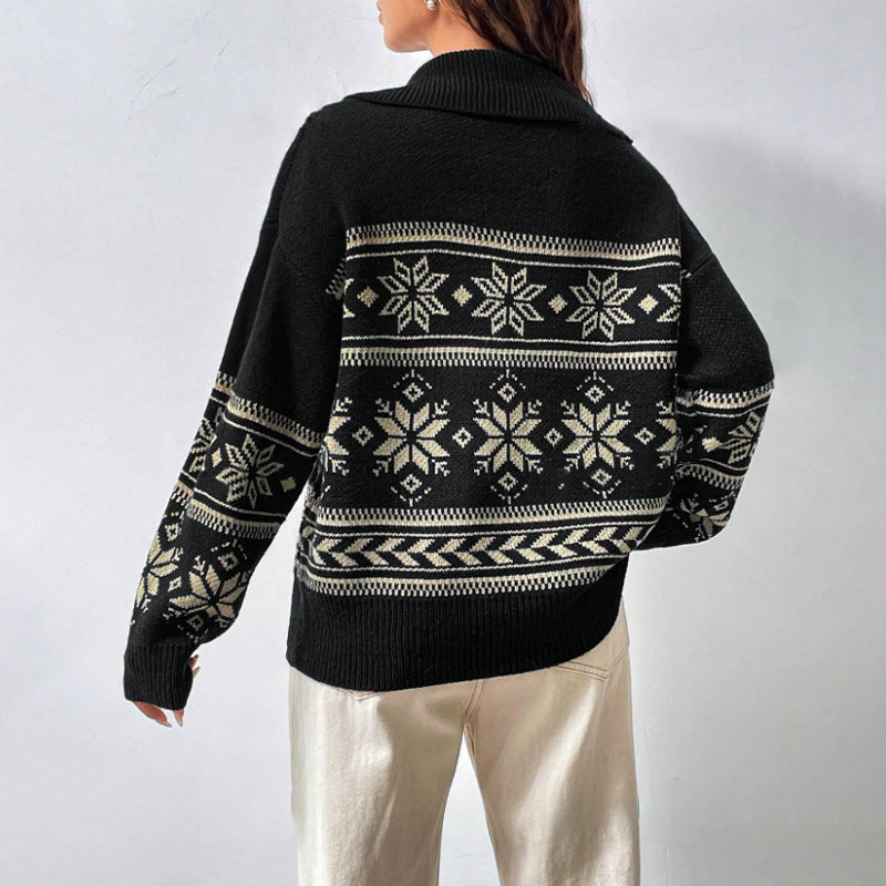 Damen Winterpullover mit modernem Schneeflocken-Design und hohem Kragen Drune