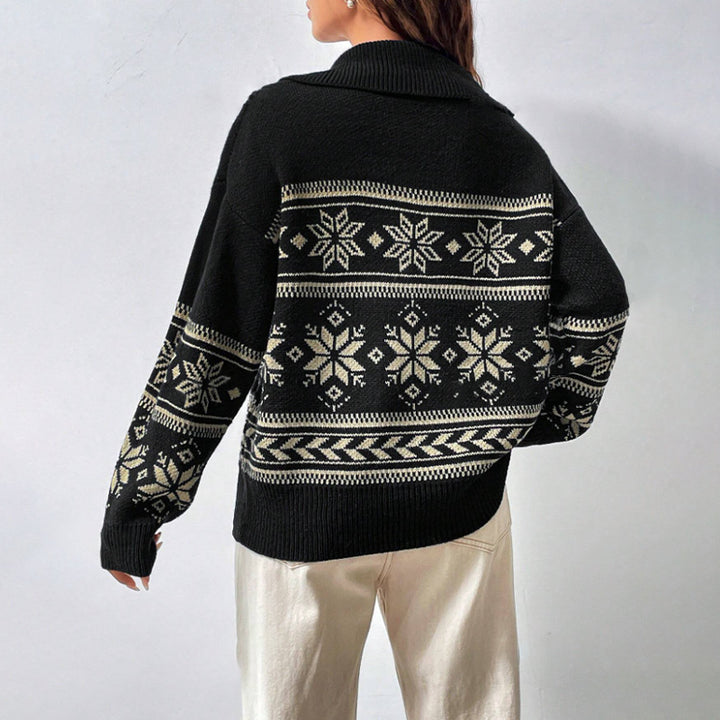 Damen Winterpullover mit modernem Schneeflocken-Design und hohem Kragen Drune