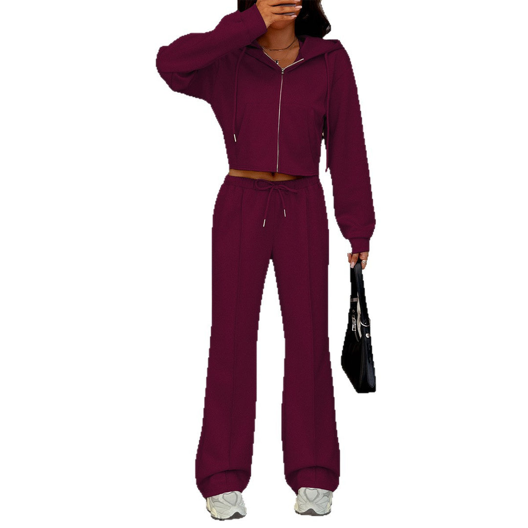 Damen nan kurzgeschnittenes Kapuzen-Sweatset mit Reißverschluss und hochtaillierter Schlaghose Drune