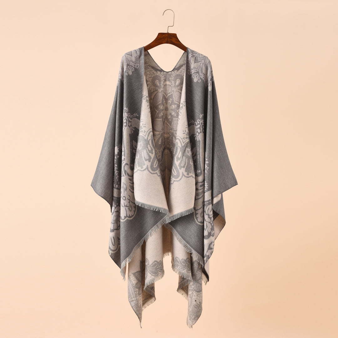 Damen Eleganter Kimono-Poncho mit kunstvollem Muster und fransigen Kanten Drune