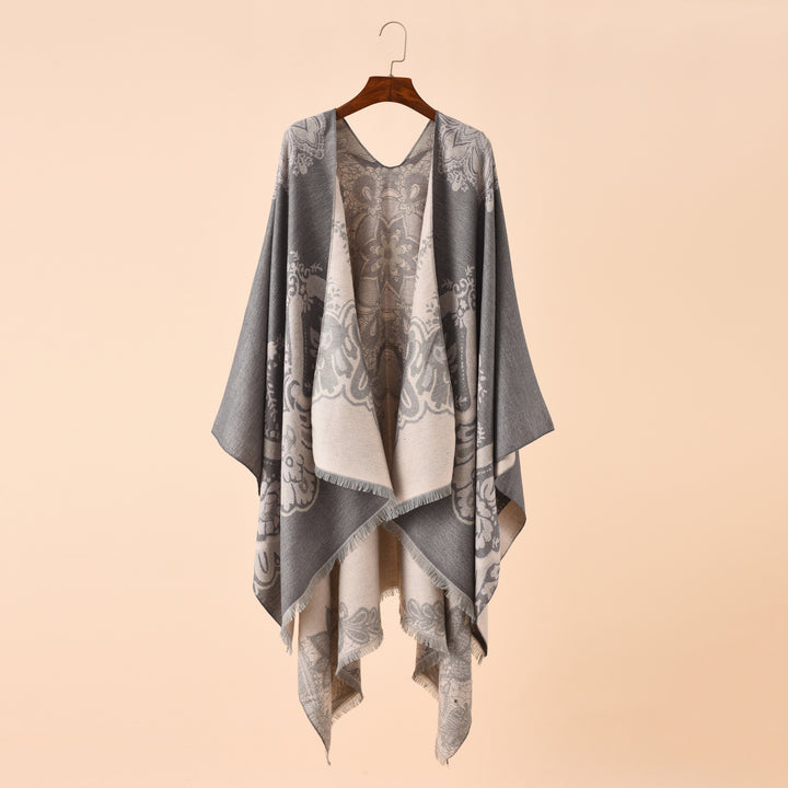 Damen Eleganter Kimono-Poncho mit kunstvollem Muster und fransigen Kanten Drune